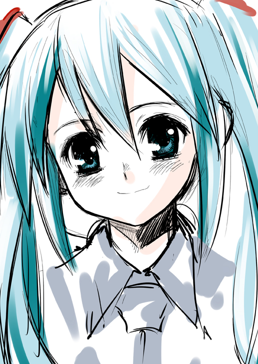 akito (ao's club), akito (artist), hatsune miku, vocaloid, 1girl, aqua eyes, aqua hair, blouse, blush, collared shirt, female focus, grey shirt, hair between eyes, head tilt, long hair, looking at viewer, shirt, simple background, sketch, smile, solo, twintails, upper body, white background