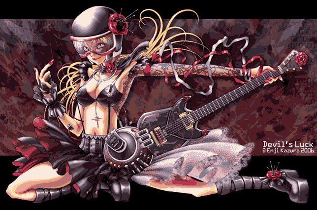 kazura enji, tagme, blonde hair, guitar, helmet, instrument, solo