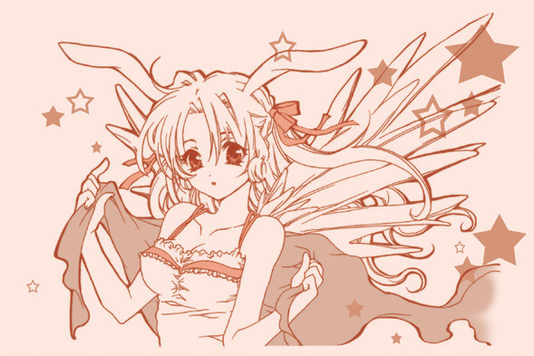 tare nu (usesase), umesaki nao, meroko yui, full moon wo sagashite, 00s, 1girl, :o, animal ears, breasts, cleavage, collarbone, dress, female focus, frilled dress, frills, hair ribbon, holding hands, long hair, looking at viewer, looking back, medium breasts, monochrome, parted bangs, parted lips, pink theme, rabbit ears, ribbon, shawl, simple background, sleeveless, sleeveless dress, solo, star (symbol), upper body