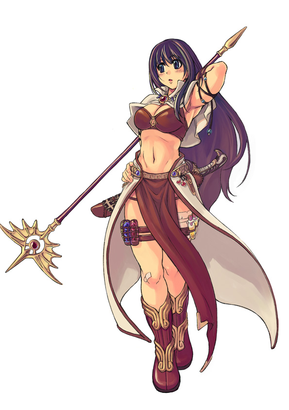 mil (xration), mage (ragnarok online), ragnarok online, 1girl, armpits, bandaid, bandaid on knee, bandaid on leg, boots, breasts, cleavage, female focus, full body, hand on own hip, long loincloth, midriff, pelvic curtain, purple hair, sheath, sheathed, simple background, solo, staff, sword, weapon, white background