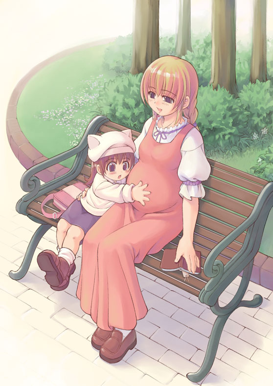mil (xration), 2girls, age difference, animal hat, bag, bench, blonde hair, book, braid, bush, cat hat, dress, family, hat, long hair, multiple girls, orange hair, plant, pregnant, red hair, road, short hair, size difference, street, tree