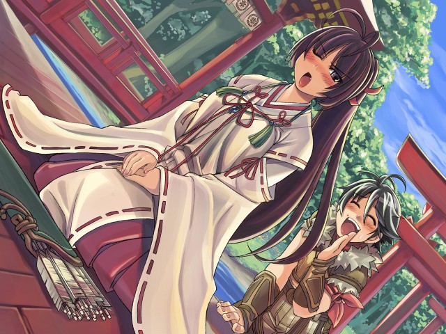 mil (xration), sniper (ragnarok online), ragnarok online, 1boy, 1girl, arrow (projectile), blush, bow (weapon), hakama, hakama skirt, japanese clothes, long hair, miko, purple hair, red hakama, skirt, torii, weapon