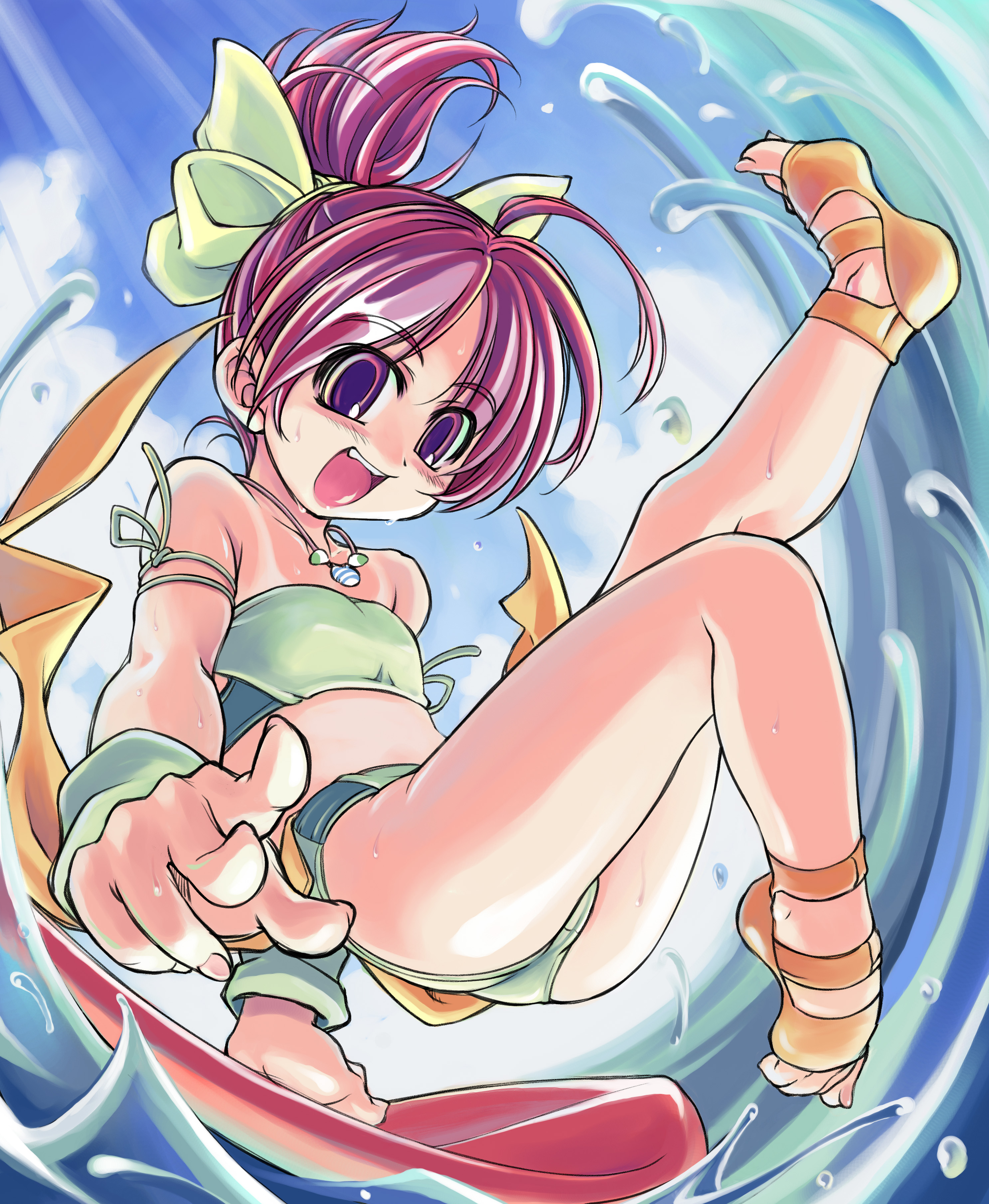 mil (xration), absurdres, highres, 1girl, bikini, cloud, day, female focus, green bikini, jewelry, necklace, open mouth, pink hair, ponytail, purple eyes, sky, solo, swimsuit, tan, tanline, water