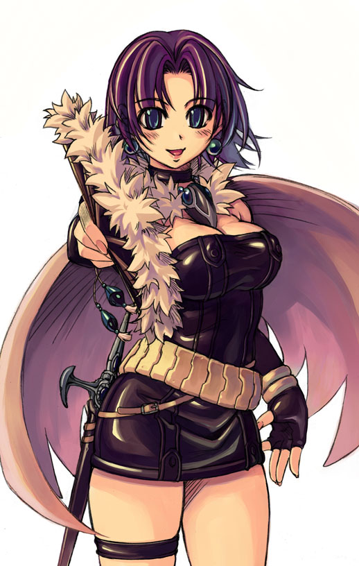 mil (xration), alchemist (ragnarok online), ragnarok online, 1girl, alchemist, blue eyes, breasts, choker, cleavage, cowboy shot, earrings, feather fan, female focus, fingerless gloves, folding fan, foreshortening, gloves, hand fan, holding, holding fan, jewelry, purple hair, sheath, sheathed, simple background, smile, solo, sword, thigh strap, weapon, white background