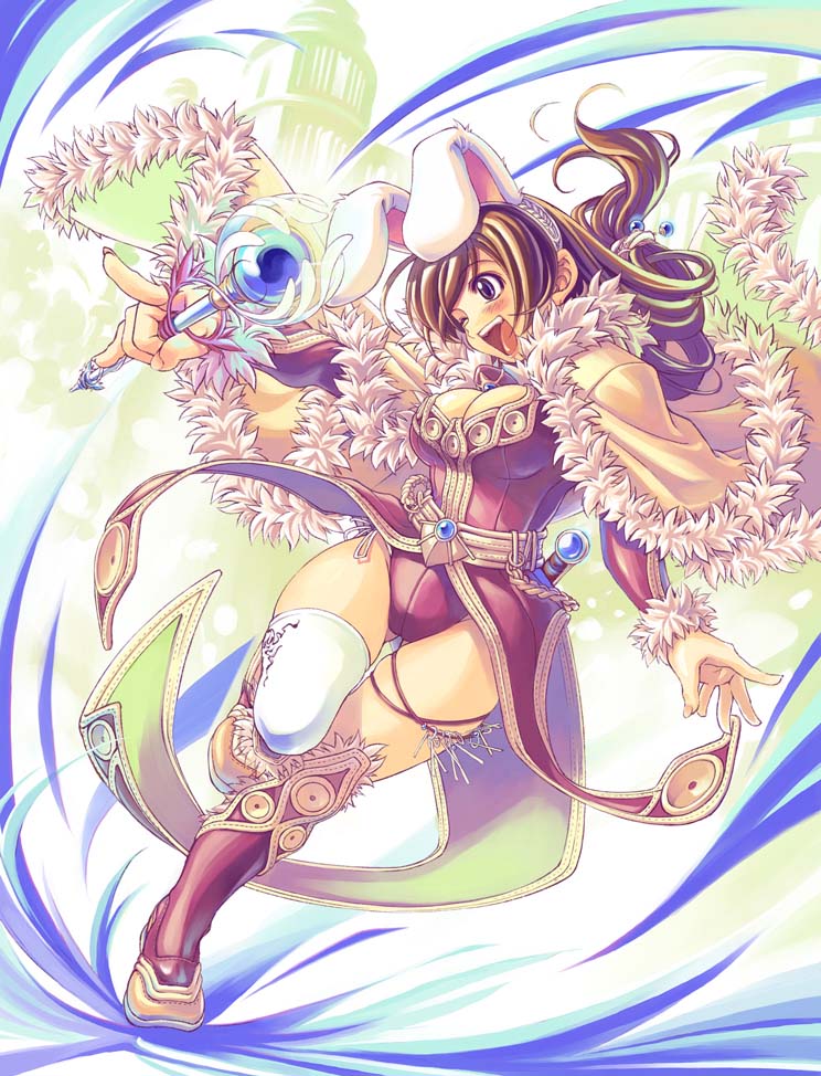 mil (xration), wizard (ragnarok online), ragnarok online, 1girl, animal ears, breasts, brown hair, cleavage, female focus, medium breasts, one eye closed, rabbit ears, solo, thighhighs, wand, wink, wizard