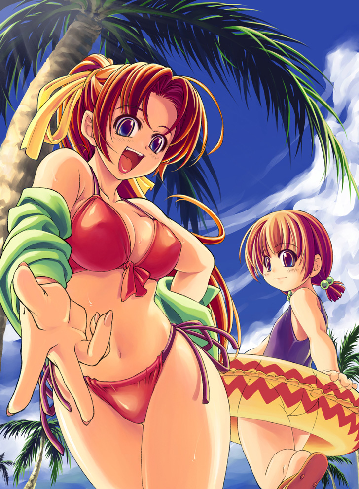 mil (xration), 2girls, age difference, beach, bikini, blue eyes, breasts, brown hair, cleavage, cloud, day, flat chest, flip-flops, looking back, medium breasts, multiple girls, one-piece swimsuit, open mouth, outdoors, ponytail, sandals, side-tie bikini bottom, size difference, sky, sweat, swimsuit, tongue, tree