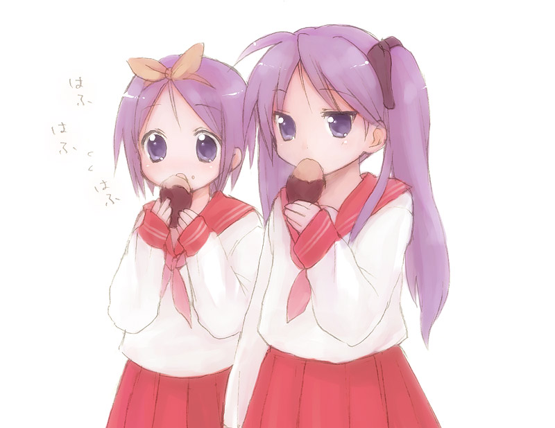 usashiro mani, hiiragi kagami, hiiragi tsukasa, lucky star, 00s, 2girls, eating, multiple girls, school uniform, serafuku, sisters, tsurime, twins