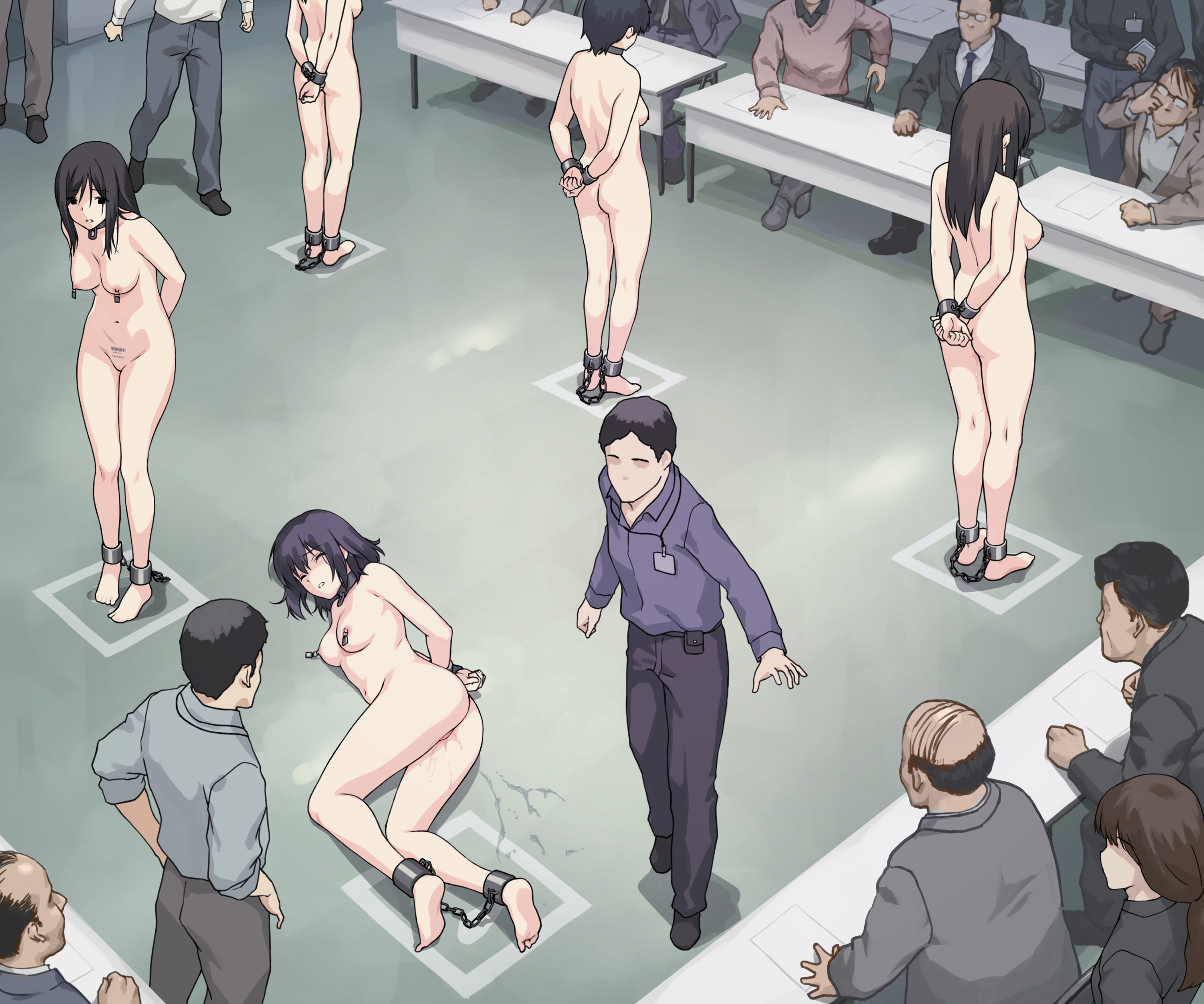 funitarefu, original, commentary request, highres, 6+boys, 6+girls, ankle cuffs, arms behind back, ass, barcode, barcode tattoo, bdsm, black eyes, black hair, black shoes, blush, bound, bound ankles, bound arms, breasts, brown hair, chain, closed eyes, clothed male nude female, collar, collared shirt, dress shirt, from above, full body, grey pants, grey shirt, hair between eyes, indoors, long hair, looking at another, lying, medium breasts, medium hair, metal collar, multiple boys, multiple girls, navel, nipple piercing, nipple tag, nipples, nude, on floor, on side, open mouth, pants, piercing, pussy, pussy juice, pussy juice trail, shirt, shoes, sidelocks, solo focus, standing, stomach, tattoo, teeth, white shirt