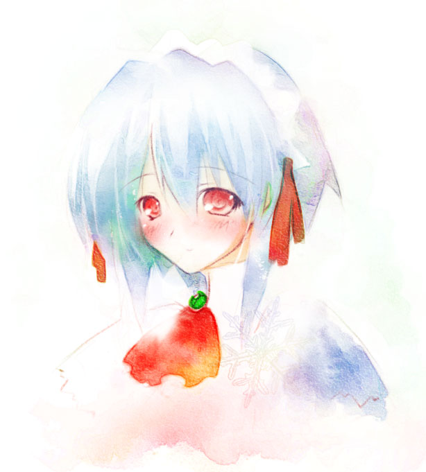 saeki touma, kotonomiya yuki, suigetsu, silver hair, 1girl, ascot, blush, brooch, collarbone, female focus, frills, gem, jewelry, maid headdress, red eyes, short hair, solo, upper body
