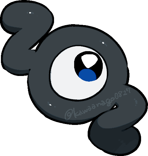 kawaanago, unown, unown s, nintendo, pokemon, commentary request, lowres, chibi, chibi only, full body, gen 2 pokemon, no humans, one-eyed, pokemon (creature), pokemon focus, solo, transparent background, twitter username