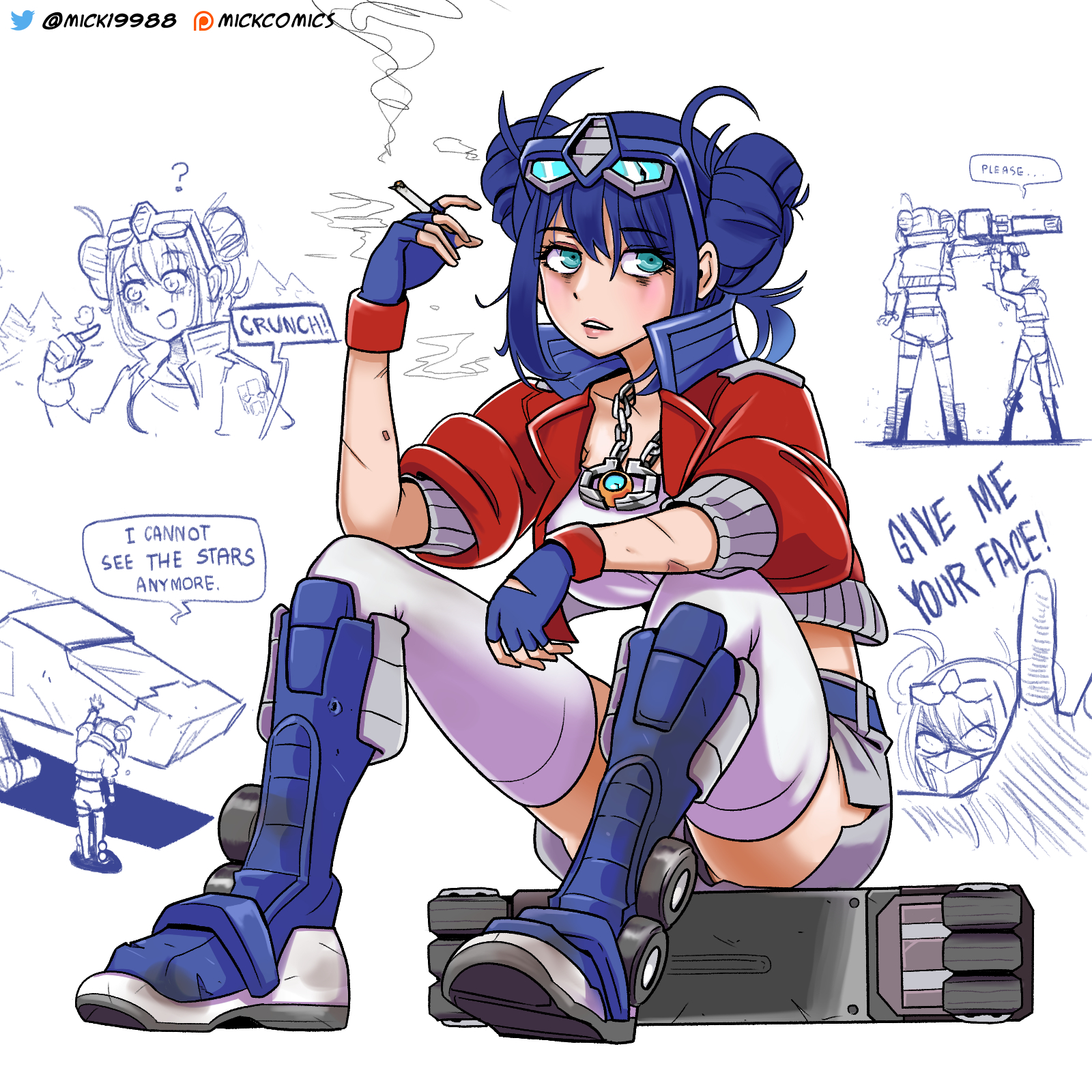 mick19988, optimus prime, transformers, character request, commentary, english commentary, highres, between fingers, blue boots, blue eyes, blue gloves, blue hair, boots, breasts, cigarette, cropped jacket, dirty, double bun, english text, fingerless gloves, gloves, goggles, goggles on head, grey shorts, hair bun, hand up, holding, holding cigarette, humanization, jacket, knee boots, large breasts, open clothes, open jacket, red jacket, shirt, short shorts, shorts, sitting, smoke, thighhighs, thighhighs under boots, torn clothes, torn gloves, twitter username, white background, white shirt, white thighhighs