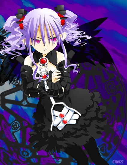 noto (soranoto), original, 1girl, bare shoulders, black pantyhose, brooch, choker, crossed arms, detached sleeves, dress, female focus, gown, hair bobbles, hair ornament, jewelry, key, lolita fashion, pantyhose, pink eyes, purple hair, ringlets, solo