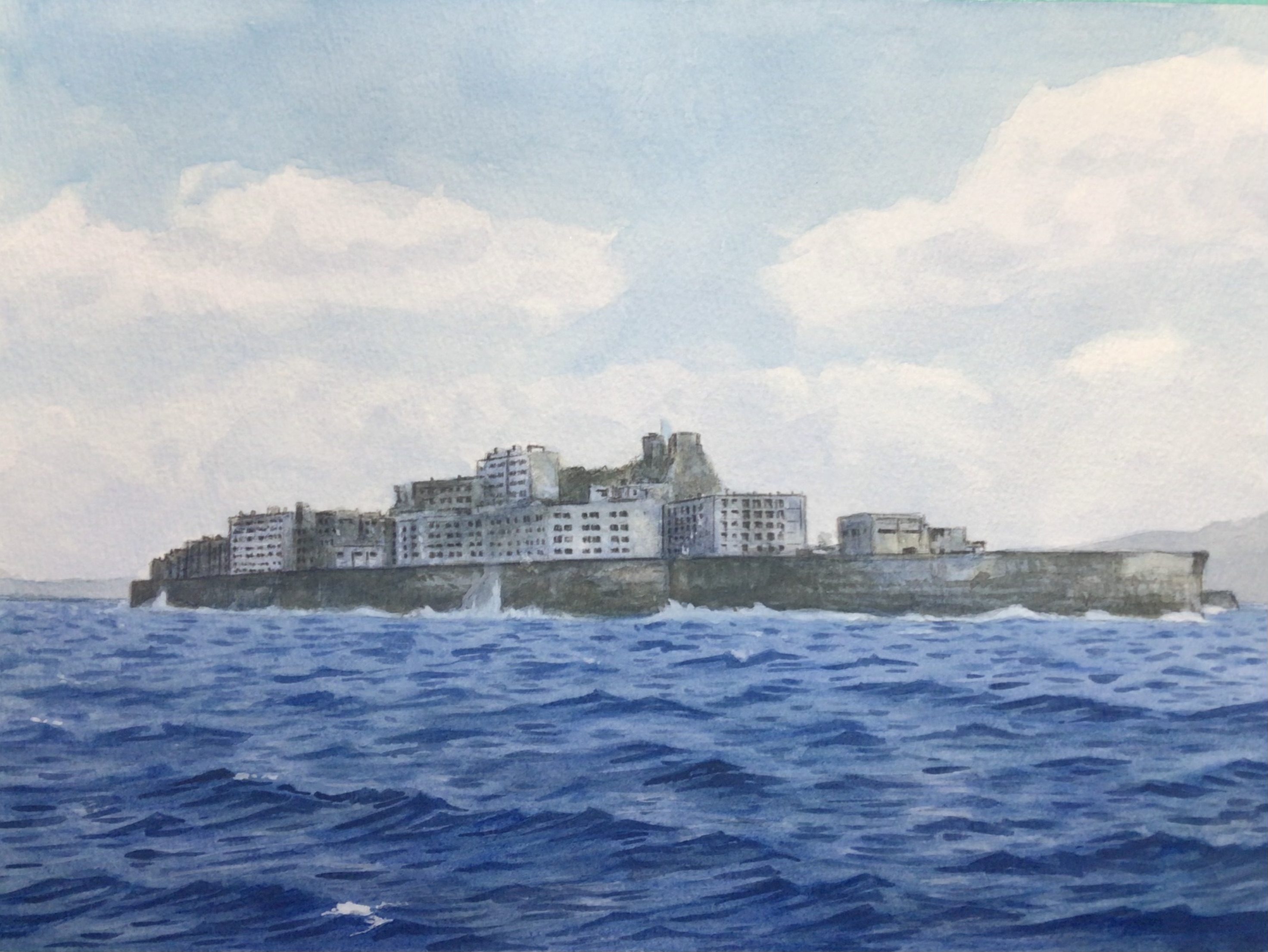 atelier bono, original, commentary request, highres, painting (medium), revision, traditional media, watercolor (medium), building, hashima island, island, no humans, ocean, outdoors, overcast, real world location, scenery, sky