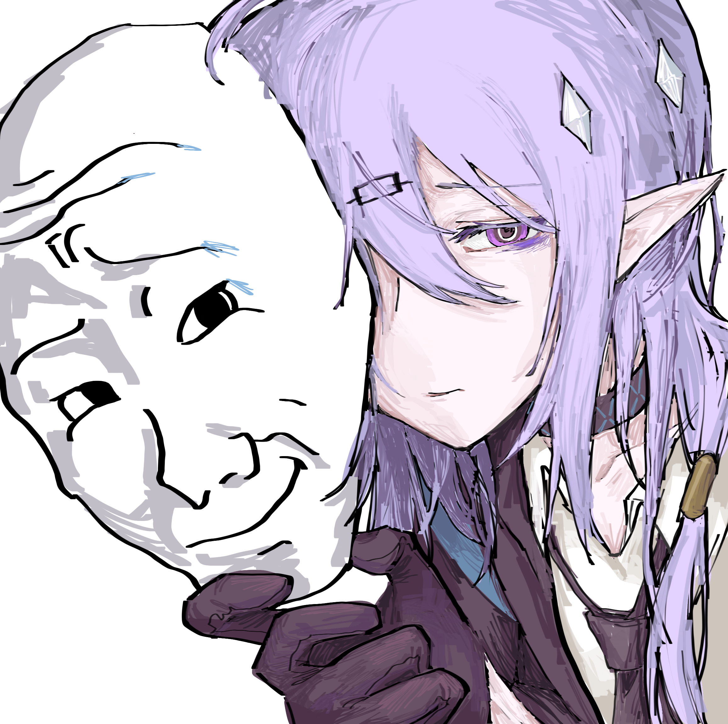 infection monitor (arknights), shalem (arknights), arknights, highres, 1boy, black gloves, gloves, hair ornament, hairclip, long hair, looking at viewer, louol73724, male focus, meme, necktie, pointy ears, portrait, purple eyes, purple hair, solo, wojak mask (meme)