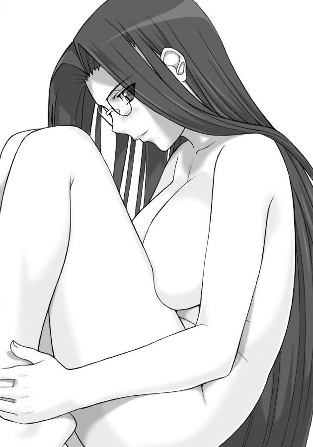 shichimenchou, medusa (fate), medusa (rider) (fate), fate/stay night, fate (series), 00s, 1girl, breasts, female focus, glasses, greyscale, large breasts, long hair, monochrome, nude, solo, square pupils