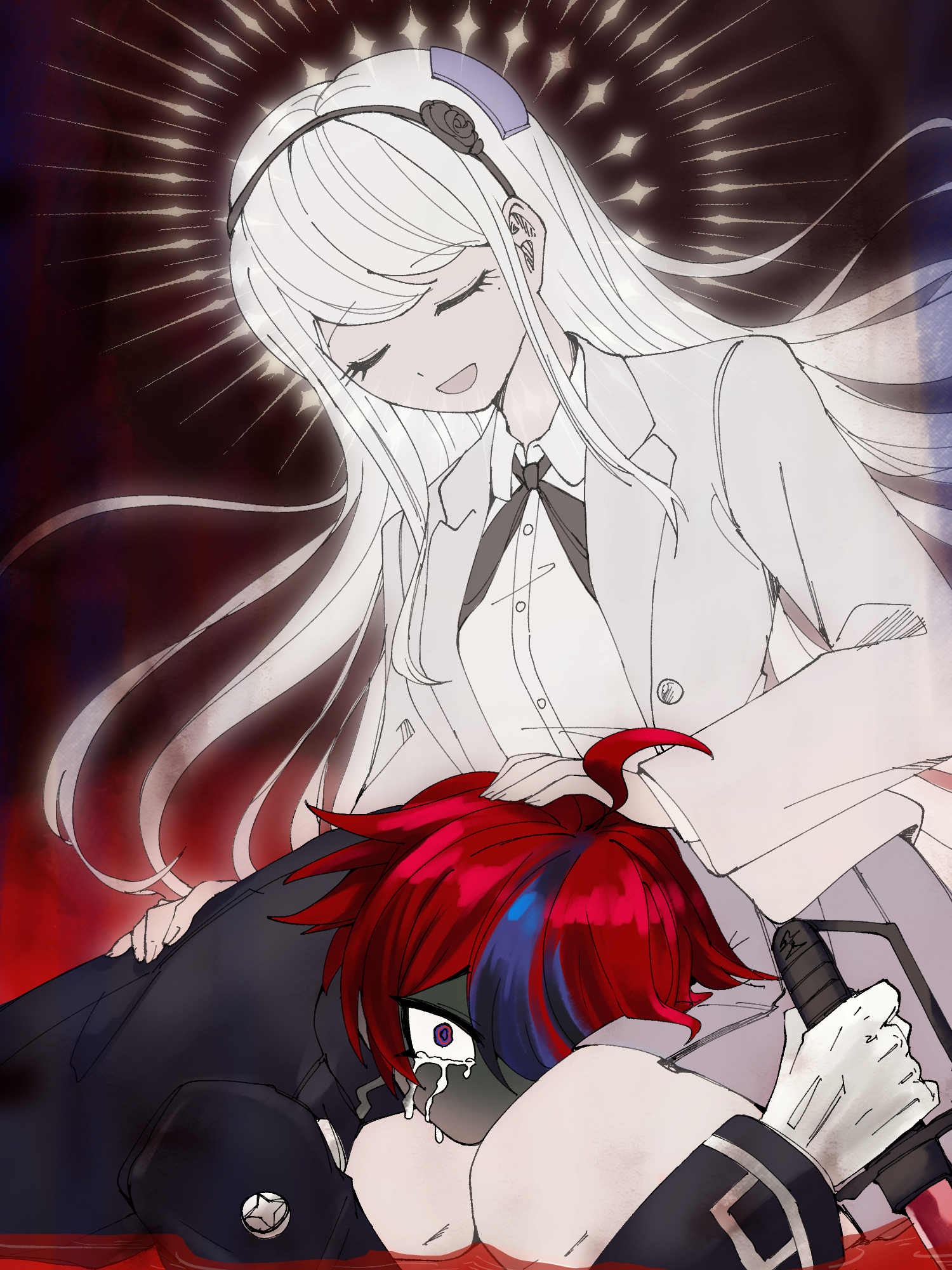 tkiura runa, kashimiya karua, sumino takumi, the hundred line -last defense academy-, commentary request, highres, revision, 1boy, 1girl, :d, ahoge, black background, black flower, black hairband, black jacket, black rose, blazer, blue streaks, closed eyes, despair, dress shirt, eyelashes, face in shadow, floating hair, flower, flower hairband, gakuran, gloves, grey jacket, grey neckerchief, grey skirt, hairband, halo, halo behind head, hand on another's back, hand on another's head, hematomorphic infusion blade, hetero, holding, holding knife, jacket, knife, lap pillow, last defense academy school uniform, long hair, long sleeves, lying, miniskirt, mole, mole under eye, multicolored hair, neckerchief, on stomach, open clothes, open jacket, open mouth, pain, pleated skirt, purple eyes, red background, red hair, rose, scared, school uniform, seiza, shaded face, shirt, short hair, sitting, skirt, smile, streaked hair, sunburst, tears, two-tone background, u u, very short hair, wavy eyes, white gloves, white hair, white shirt, wide-eyed, yellow halo