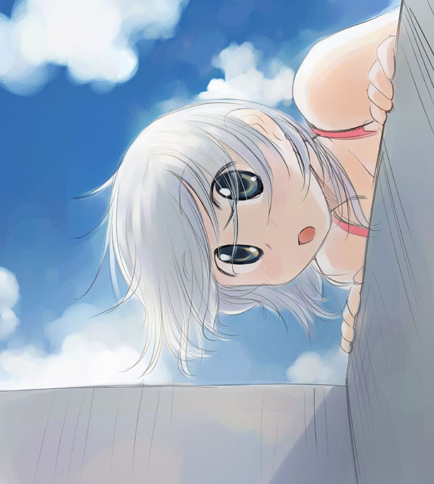 ikeda jun (mizutamari), original, silver hair, 1girl, cloud, day, female focus, from below, open mouth, short hair, sky, solo