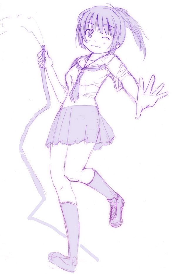 nyazui, sakino asuka, kimi kiss, 1girl, blush, female focus, kneehighs, monochrome, one eye closed, ponytail, purple theme, school uniform, serafuku, shoes, short hair, sketch, smile, socks, solo, wink