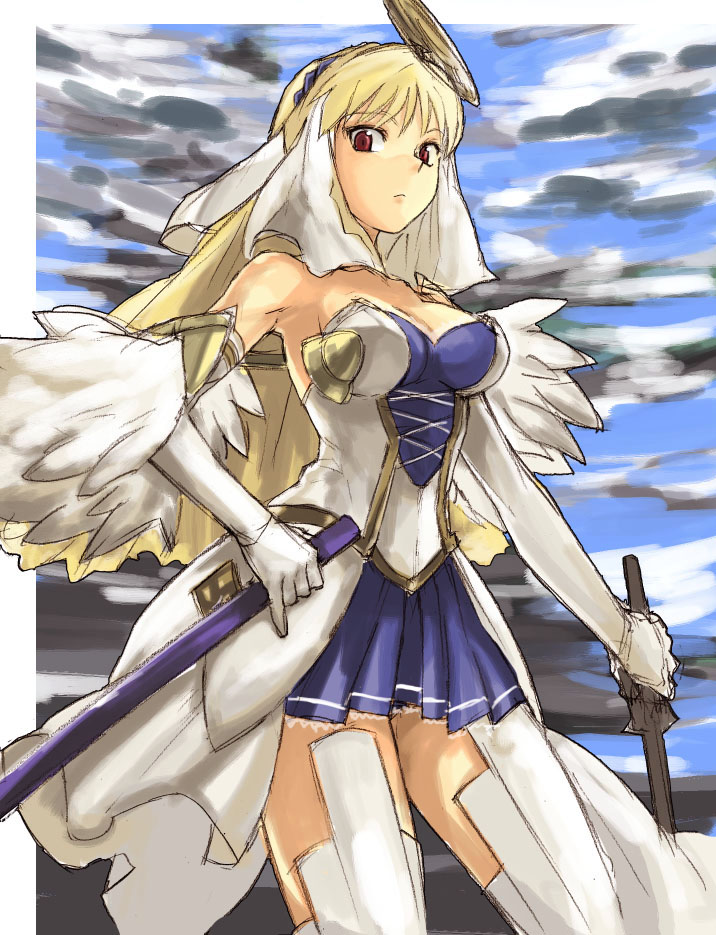 tetsu (kimuchi), chroche latel pastalie, ar tonelico, ar tonelico ii, gust, 00s, 1girl, armpits, blonde hair, breasts, cleavage, female focus, sheath, solo, sword, thighhighs, weapon, zettai ryouiki
