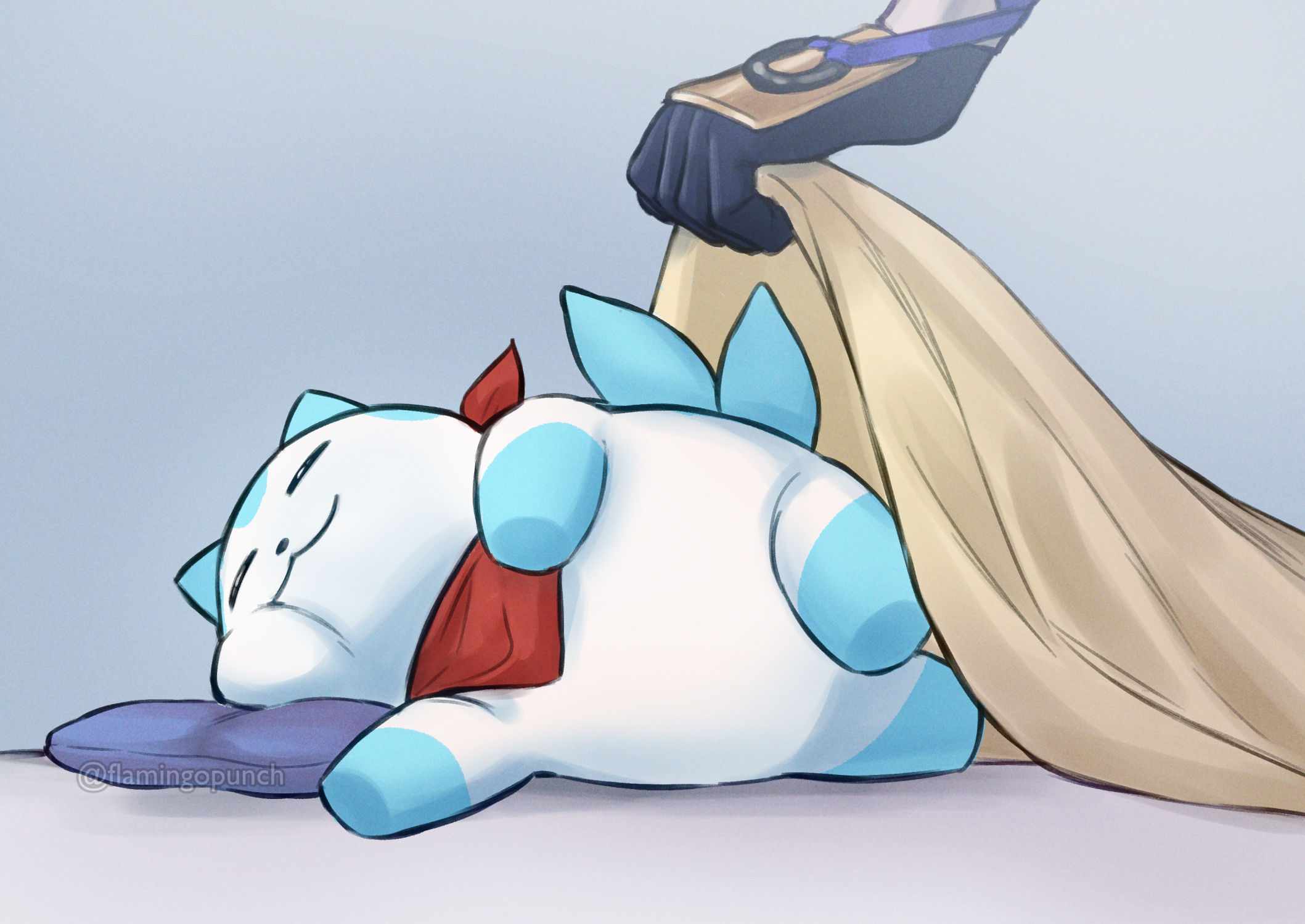 flamingo (eme324), sommie (fire emblem), fire emblem, fire emblem engage, nintendo, alear (fire emblem), highres, aqua fur, bandana, bandana around neck, blanket, closed eyes, closed mouth, red bandana, sleeping, two-tone fur, white fur
