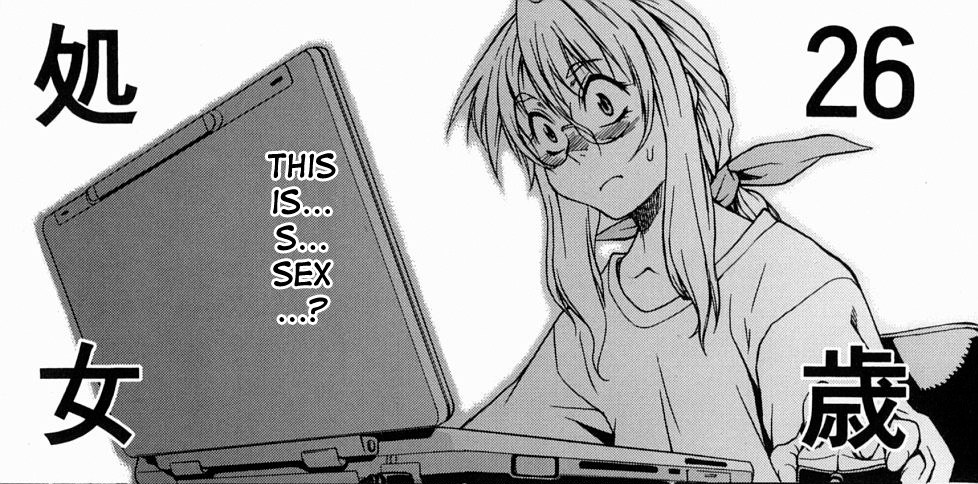 takemura sessyu, oono kei, take on me, hard-translated, third-party edit, translated, 1girl, blush, casual, comic, computer, computer mouse, female focus, flat chest, glasses, greyscale, hair ribbon, laptop, long hair, monochrome, ponytail, ribbon, shirt, solo, surprised, sweatdrop, t-shirt
