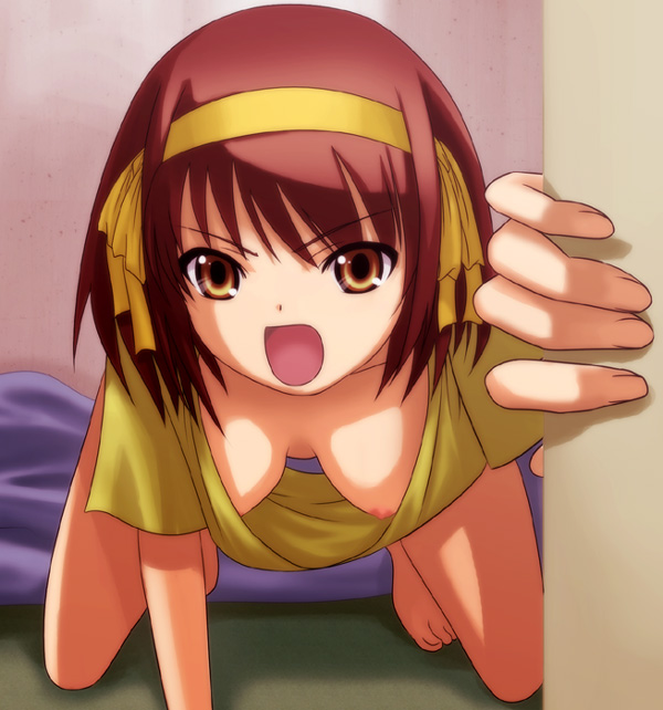 souryuu asuka langley, suzumiya haruhi, neon genesis evangelion, suzumiya haruhi no yuuutsu, artist request, 1girl, all fours, barefoot, breasts, breasts apart, brown eyes, brown hair, cleavage, downblouse, extended downblouse, female focus, fourth wall, hair ribbon, hanging breasts, loose clothes, loose shirt, medium breasts, nipple slip, nipples, no bra, open mouth, parody, ribbon, scene reference, shirt, short hair, solo