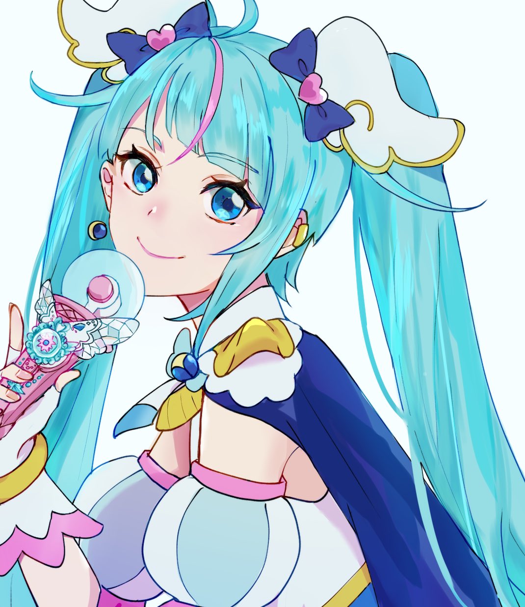 cure sky, sora harewataru, hirogaru sky! precure, precure, commentary, english commentary, highres, 1girl, ahoge, asymmetrical bangs, blue cape, blue dress, blue eyes, brooch, cape, closed mouth, cut bangs, detached sleeves, dress, earclip, earrings, fingerless gloves, fingernails, from side, gloves, hair ornament, hand up, holding, jewelry, lips, long hair, looking at viewer, magical girl, multicolored dress, multicolored hair, pink lips, pink streaks, portrait, puffy detached sleeves, puffy sleeves, simple background, single hair streak, single sidelock, sky mirage, sleeveless, sleeveless dress, smile, solo, streaked hair, tungl243, turning head, two-tone dress, two-tone hair, very long hair, white background, white dress, wing brooch, wing hair ornament