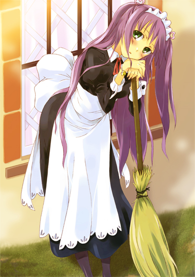 hatoba, original, 1girl, apron, black dress, broom, building, dress, female focus, frills, full body, green eyes, head tilt, holding, long hair, long sleeves, maid, maid apron, maid headdress, outdoors, purple hair, solo, standing, window