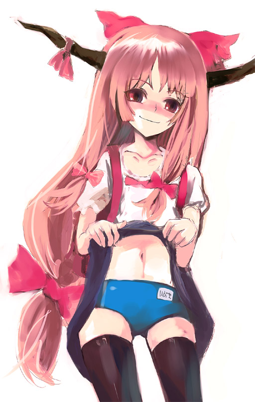 nokishita, ibuki suika, touhou, 1girl, alternate costume, blush, buruma, clothes lift, female focus, gym uniform, long hair, low-tied long hair, midriff, naughty face, navel, skirt, skirt lift, smile, solo, thighhighs