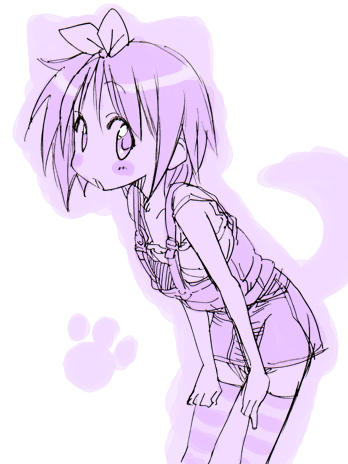 mikami komata, mikami konu, hiiragi tsukasa, lucky star, lowres, 00s, 1girl, female focus, monochrome, overalls, purple theme, solo, thighhighs