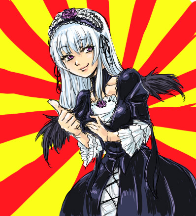 osakana (denpa yun'yun), suigintou, futaba channel, nijiura, rozen maiden, lowres, 00s, 1girl, bras d'honneur, dress, female focus, macedonian flag, mageres, meme, neta, solo, sunburst, two-tone dress