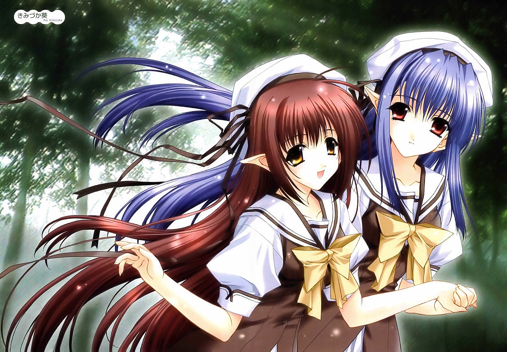 kimizuka aoi, lisianthus, nerine, shuffle!, screencap, highres, blue hair, hat, pointy ears, red hair, school uniform
