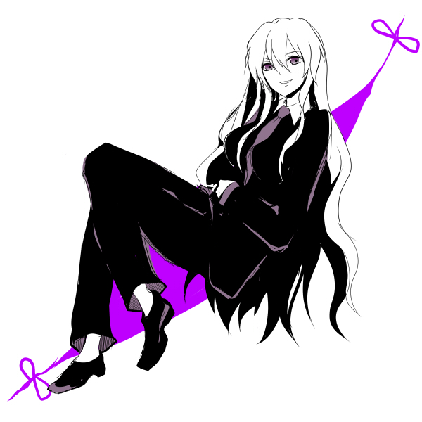 harano, yakumo yukari, touhou, 1girl, female focus, formal clothes, gap (touhou), long hair, monochrome, necktie, pant suit, pants, purple eyes, sitting, solo, spot color, suit