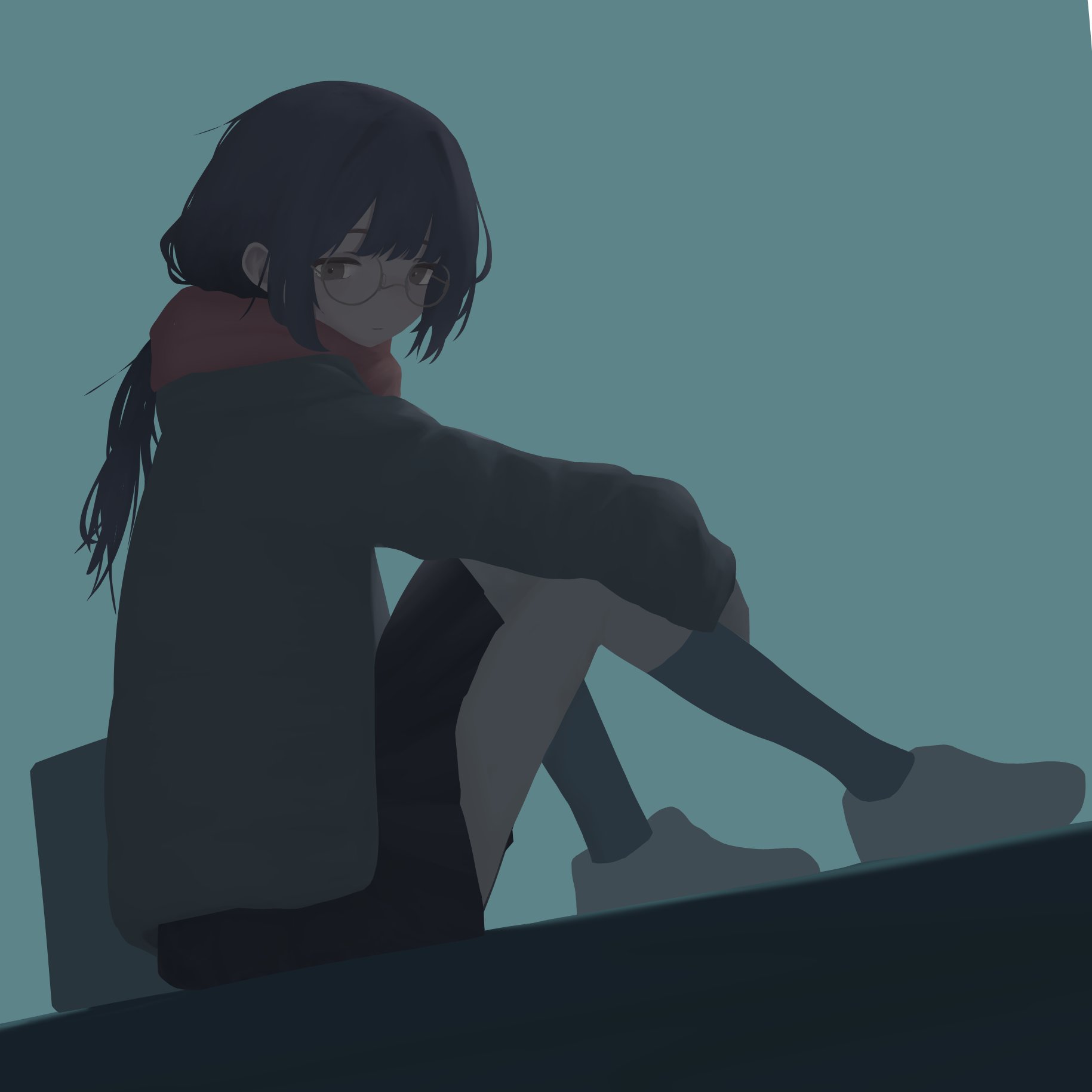 280km, original, highres, 1girl, black hair, black skirt, blue background, brown-framed eyewear, brown eyes, closed mouth, from side, glasses, jacket, kneehighs, long hair, long sleeves, pleated skirt, red scarf, scarf, shoes, simple background, sitting, skirt, socks, solo