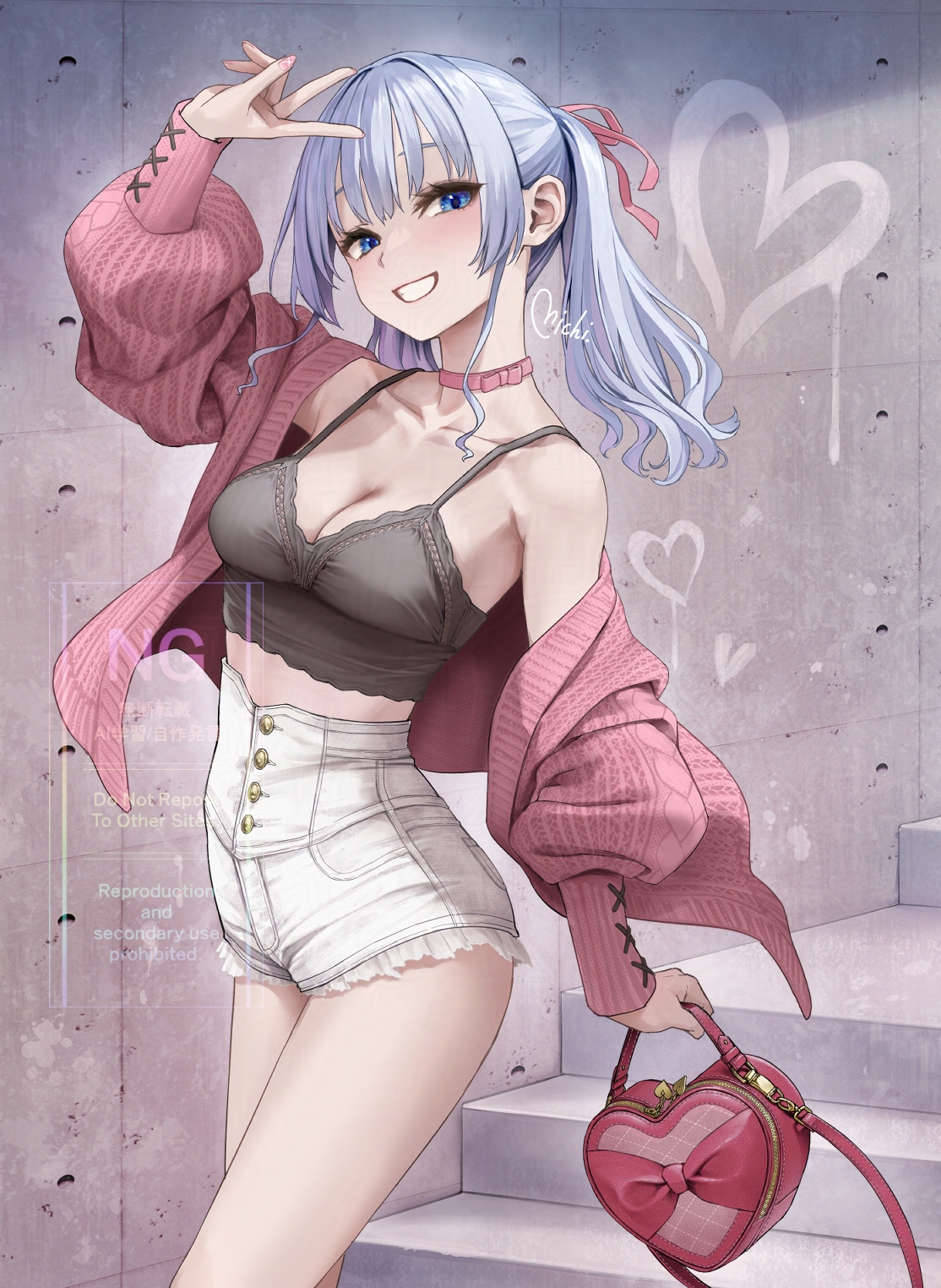 michiking, original, highres, 1girl, bag, blue eyes, blue hair, breasts, brown camisole, camisole, cardigan, cleavage, collar, collarbone, cowboy shot, denim, denim shorts, grin, hair ribbon, handbag, heart, high-waist shorts, holding, holding bag, long sleeves, looking at viewer, medium breasts, medium hair, off shoulder, open cardigan, open clothes, pink cardigan, pink collar, pink ribbon, ribbon, shion (michiking), shorts, smile, solo, spaghetti strap, twintails, v, v over head, white shorts