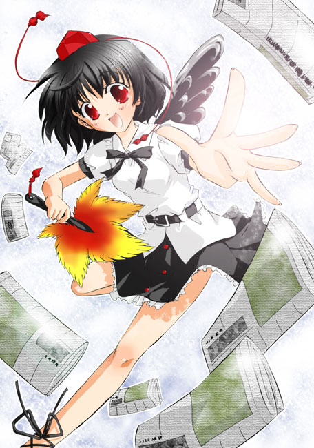shameimaru aya, touhou, 1girl, black hair, black wings, blush, female focus, hand fan, hat, looking at viewer, newspaper, open mouth, red eyes, smile, solo, wings