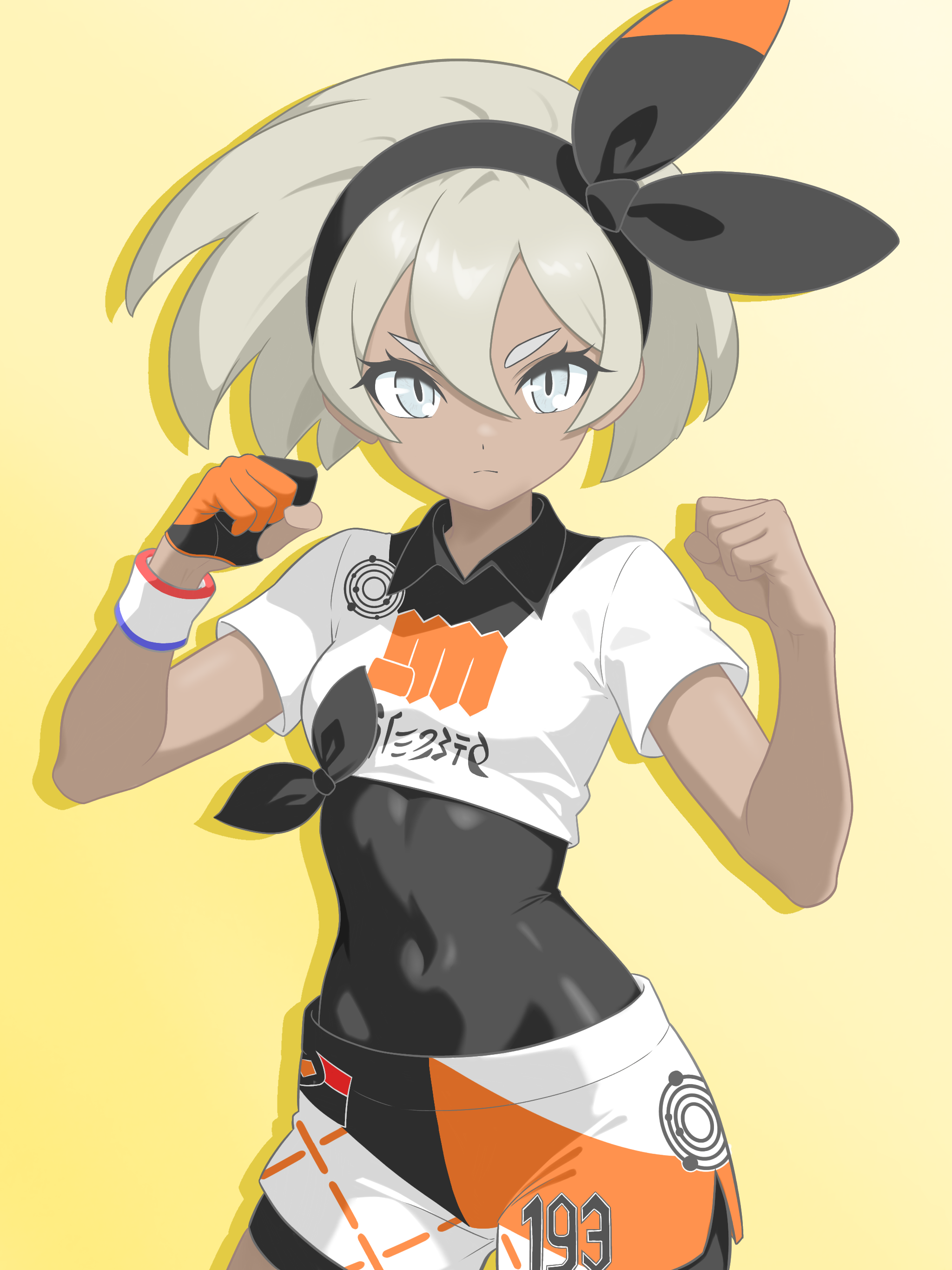 majikichi915, bea (pokemon), nintendo, pokemon, pokemon swsh, absurdres, commentary request, highres, 1girl, black bodysuit, black hairband, blonde hair, bodysuit, bow hairband, clenched hands, closed mouth, collared shirt, covered navel, cowboy shot, dynamax band, eyelashes, gloves, grey eyes, hair between eyes, hairband, hands up, looking at viewer, partially fingerless gloves, print shirt, print shorts, shirt, short hair, short sleeves, shorts, side slit, side slit shorts, single glove, solo, tied shirt, white shirt, yellow background