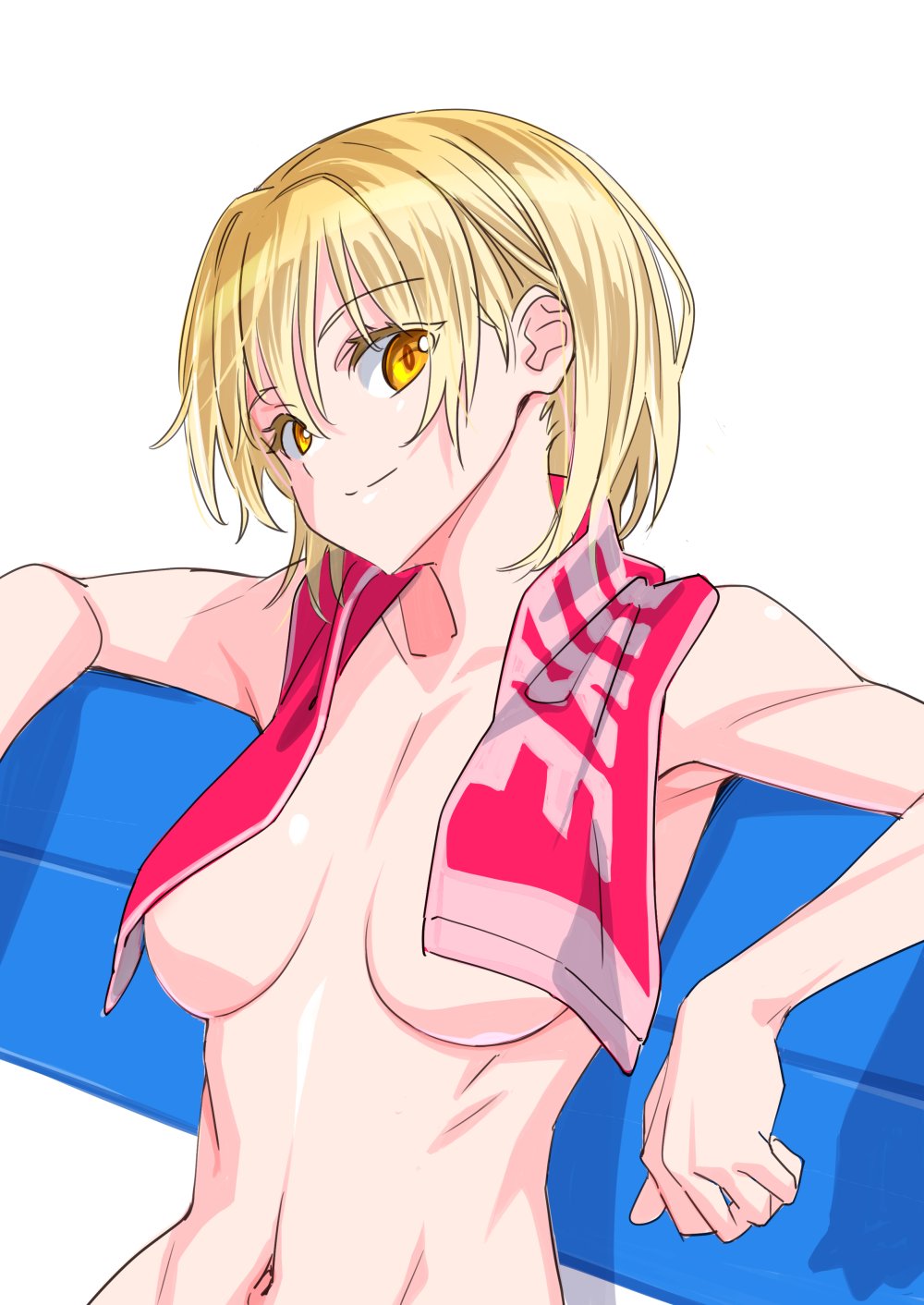 closz, suzutsuki kurara, original, highres, 1girl, blonde hair, breasts, leaning back, navel, short hair, simple background, solo, topless female, towel, towel around neck, white background, yellow eyes