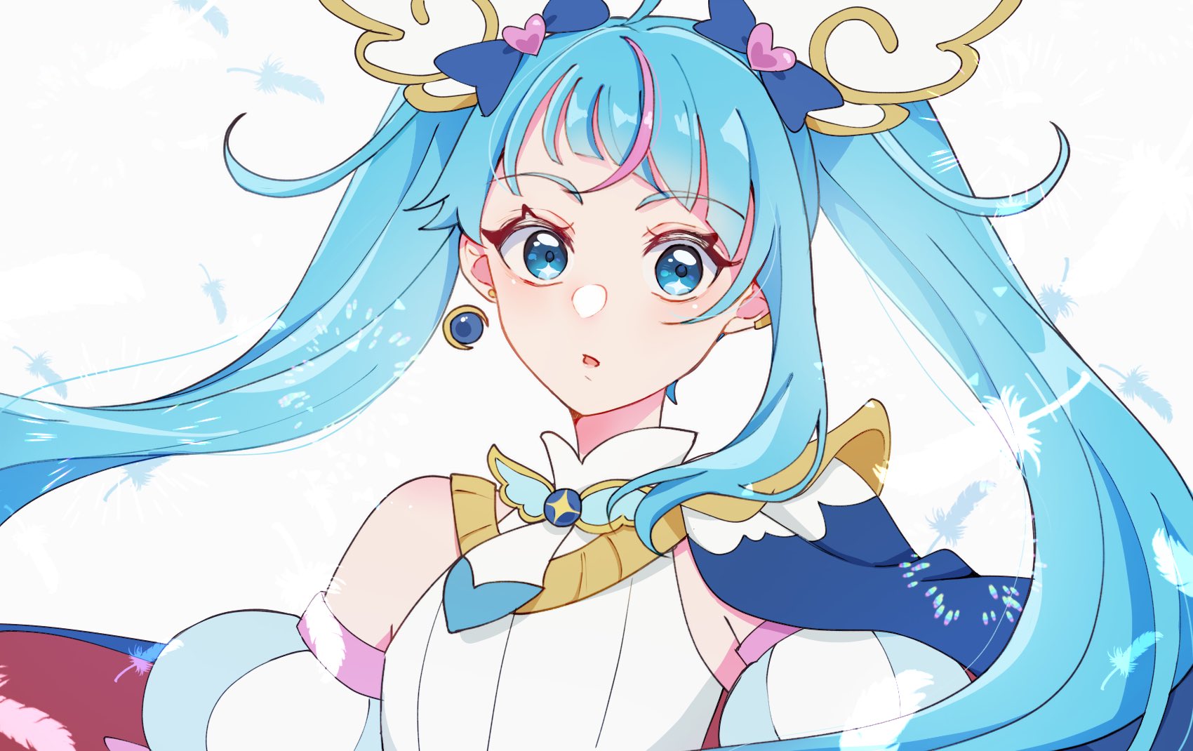 cure sky, sora harewataru, hirogaru sky! precure, precure, commentary, highres, 1girl, ahoge, asymmetrical bangs, bare shoulders, blue cape, blue eyes, blue hair, brooch, cape, cut bangs, detached sleeves, dress, earclip, earrings, feathers, hair ornament, jewelry, light blush, long hair, looking at viewer, magical girl, multicolored hair, parted lips, pink streaks, portrait, puffy detached sleeves, puffy sleeves, red cape, simple background, single bare shoulder, single earring, single hair streak, single sidelock, sleeveless, sleeveless dress, solo, sphere earrings, streaked hair, tungl243, twintails, two-tone hair, very long hair, white background, white dress, wing brooch, wing hair ornament
