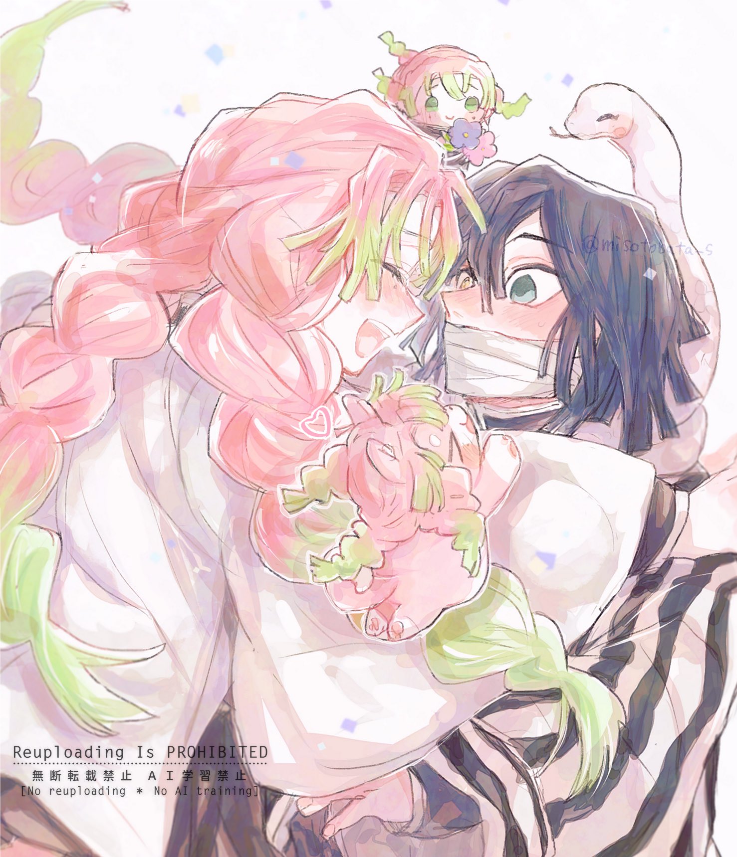 yarakuru, iguro obanai, kanroji mitsuri, kimetsu no yaiba, commentary, highres, > <, 1boy, 1girl, animal, animal around neck, animalization, bandage on face, bandages, black hair, blush, cat, closed eyes, haori, happy, heterochromia, imminent hug, japanese clothes, long hair, long sleeves, mole, mole under eye, open mouth, person and animalization, pink hair, short hair, simple background, smile, snake, snake wrapped around neck, tri braids, twitter username, upper body, watermark, white background, white snake, yellow eyes