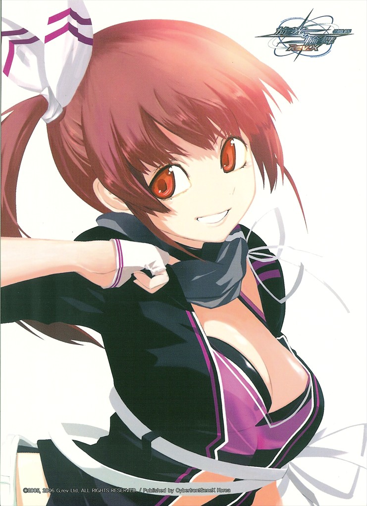 sogabe shuuji, takayama mizuki, baek changpo, senkou no ronde, 1girl, breasts, cleavage, female focus, fingerless gloves, gloves, hair ribbon, korean text, large breasts, pink hair, ponytail, red eyes, ribbon, scarf, side ponytail, smile, solo