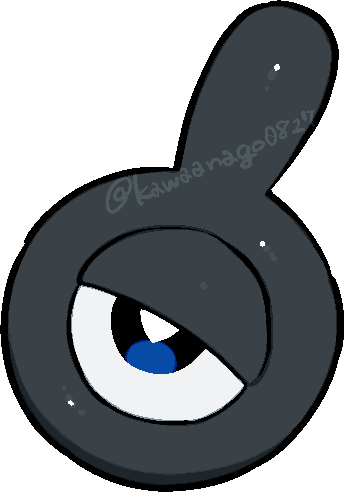 kawaanago, unown, unown !, nintendo, pokemon, commentary request, lowres, chibi, chibi only, full body, gen 2 pokemon, no humans, one-eyed, pokemon (creature), pokemon focus, solo, transparent background, twitter username