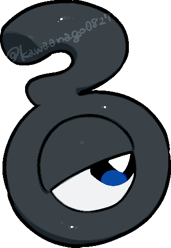 kawaanago, unown, unown ?, nintendo, pokemon, commentary request, lowres, chibi, chibi only, full body, gen 2 pokemon, no humans, one-eyed, pokemon (creature), pokemon focus, solo, transparent background, twitter username