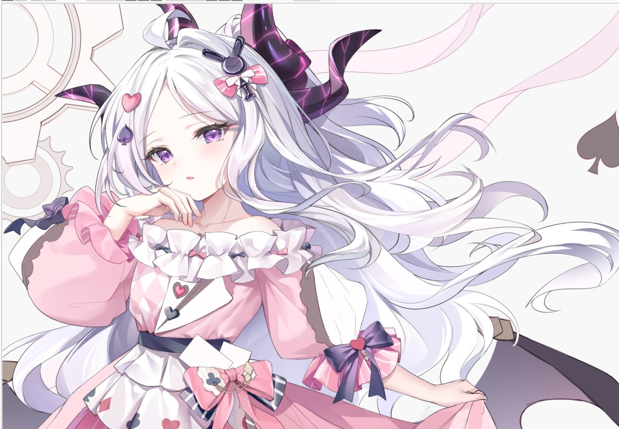 guzangnanfeng, hina (blue archive), blue archive, commentary request, 1girl, ahoge, alternate costume, apron, bare shoulders, bow, clothes lift, collarbone, demon girl, demon horns, demon wings, dress, dress lift, forehead, frilled apron, frilled dress, frills, gear background, hair bow, hair ornament, head tilt, heart, heart hair ornament, horns, long hair, long sleeves, looking at viewer, parted bangs, parted lips, pink dress, purple eyes, rabbit hair ornament, sidelocks, simple background, solo, spade hair ornament, wavy hair, white apron, white background, white hair, wings