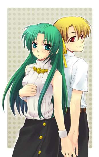 houjou satoshi, sonozaki shion, higurashi no naku koro ni, 00s, 1boy, 1girl, back-to-back, blonde hair, blush, green eyes, green hair, half updo, hetero, holding hands, red eyes, ribbon