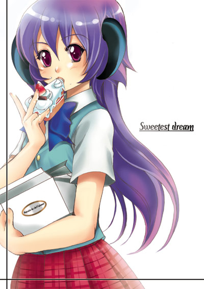 hanyuu, higurashi no naku koro ni, 00s, cake, eating, english text, food, fruit, horns, long hair, pastry, purple eyes, purple hair, school uniform, serafuku, solo, strawberry, sweets