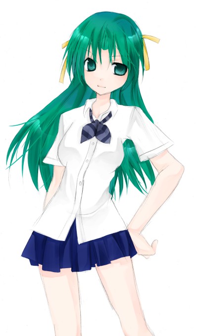 sonozaki shion, higurashi no naku koro ni, 00s, green eyes, green hair, long hair, ribbon, solo