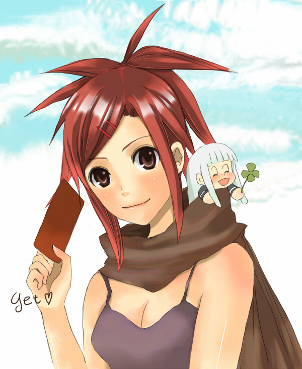 masaki (celesta), aisaka sayo, asakura kazumi, mahou sensei negima!, get, 00s, 2girls, cape, card, clover, doll, four-leaf clover, hair ornament, hairclip, holding, holding card, multiple girls, pactio, red hair, white hair