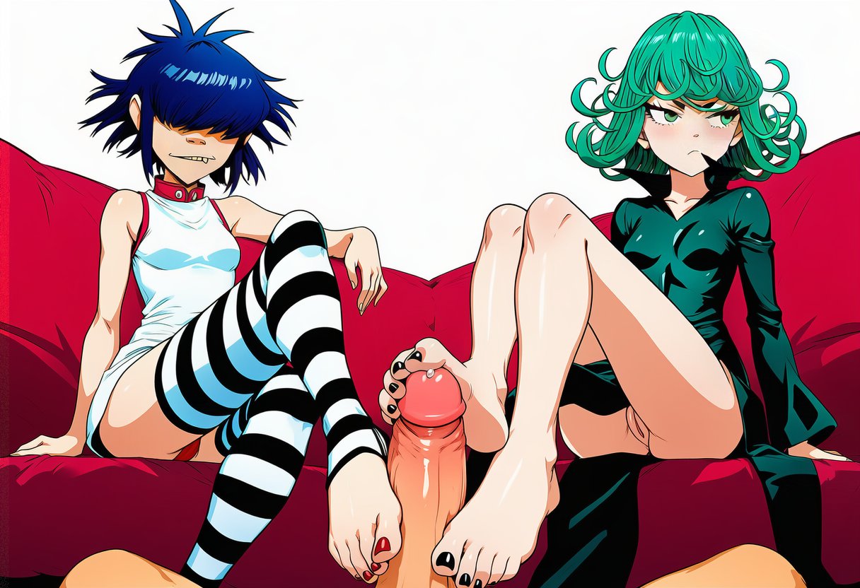 kokenaart, noodle (gorillaz), tatsumaki, one-punch man, ai-assisted, ai-generated, blue hair, crossover, double footjob, footjob, footjob with legwear, green hair, group sex, hair over eyes, nail polish, pov, precum, pussy, striped clothes, striped thighhighs, thighhighs, threesome, toenail polish, toenails, upskirt