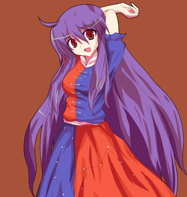 morswa, reisen udongein inaba, yagokoro eirin, touhou, gender request, 1girl, alphes (style), borrowed character, cosplay, dress, female focus, fictional persona, genderswap, long hair, open mouth, parody, purple hair, red eyes, simple background, smile, solo, style parody, very long hair, yagokoro eirin (cosplay)
